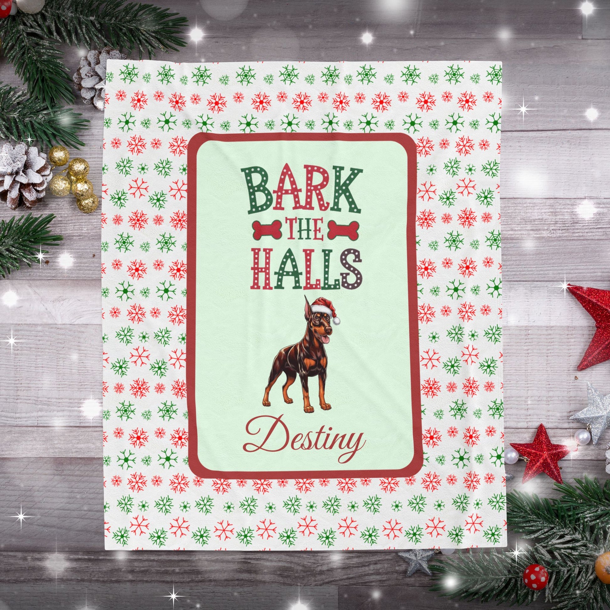 Doberman Pinscher Red and Rust luxury velveteen dog lover throw Bark The Halls festive holiday blanket for Doberman owners