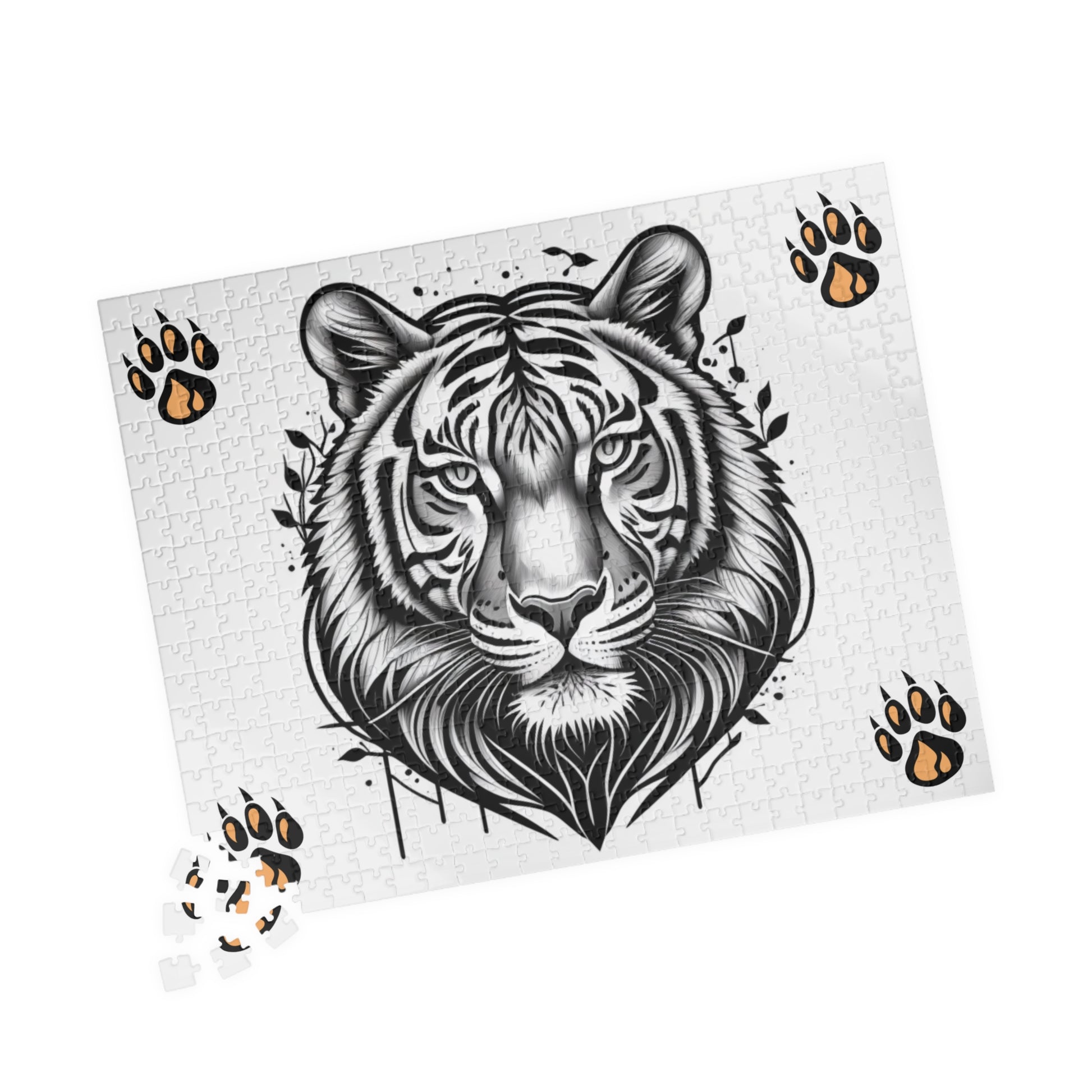 Roaring tiger in vivid jungle scenery, featured on a puzzle designed to inspire boldness and determination