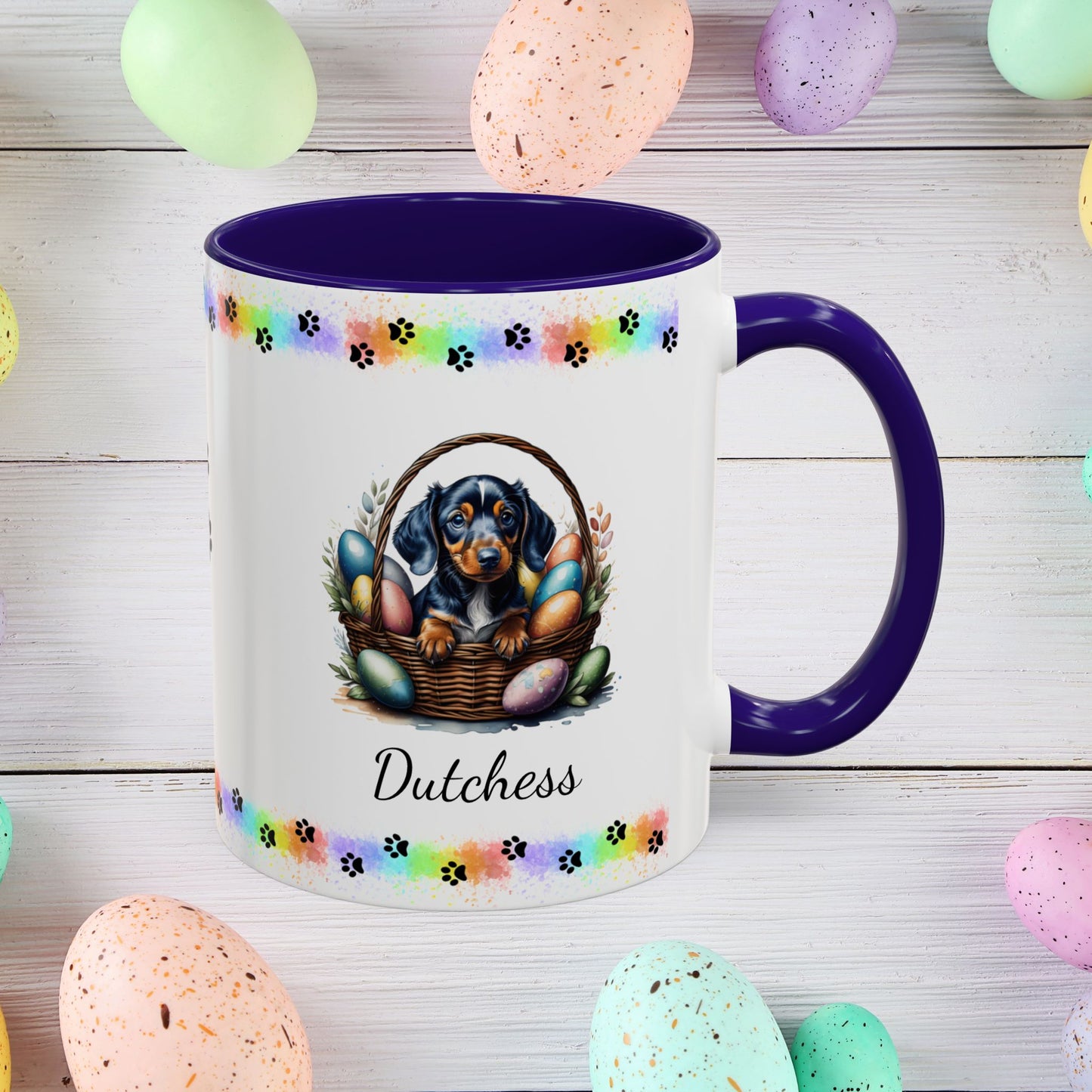 Dachshund personalized Easter puppy mug, cute dog coffee cup gift for mental health awareness and dog lovers