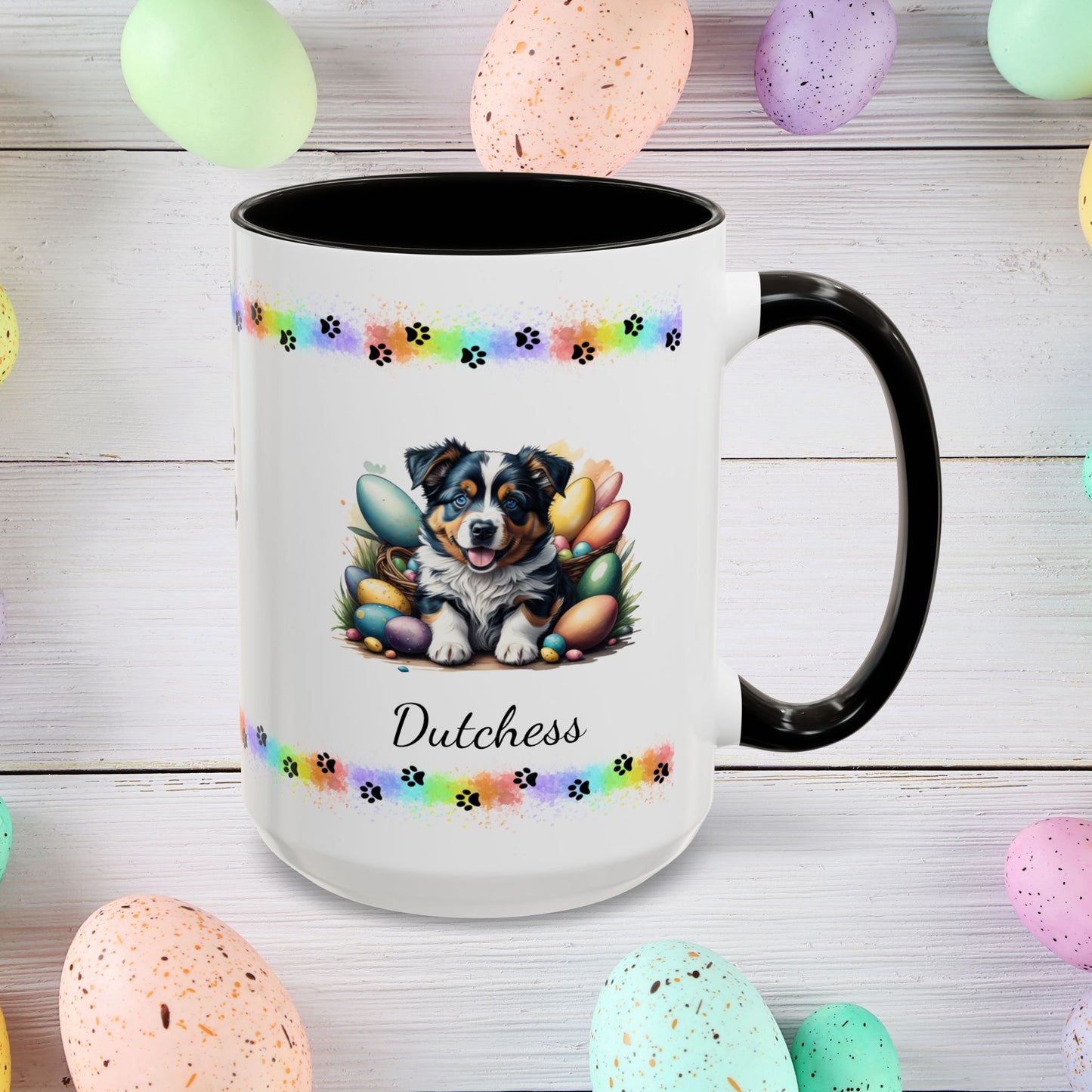Australian Shepherd personalized Easter puppy mug, adorable cute dog coffee cup, mental health awareness gift