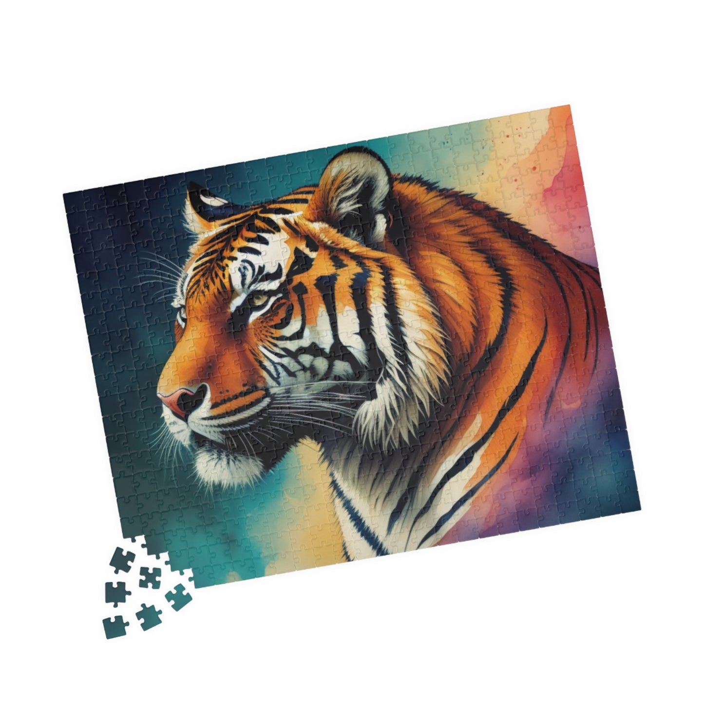 Tiger lying down peacefully, showing detailed striped fur, featured in a tranquil and artistic puzzle