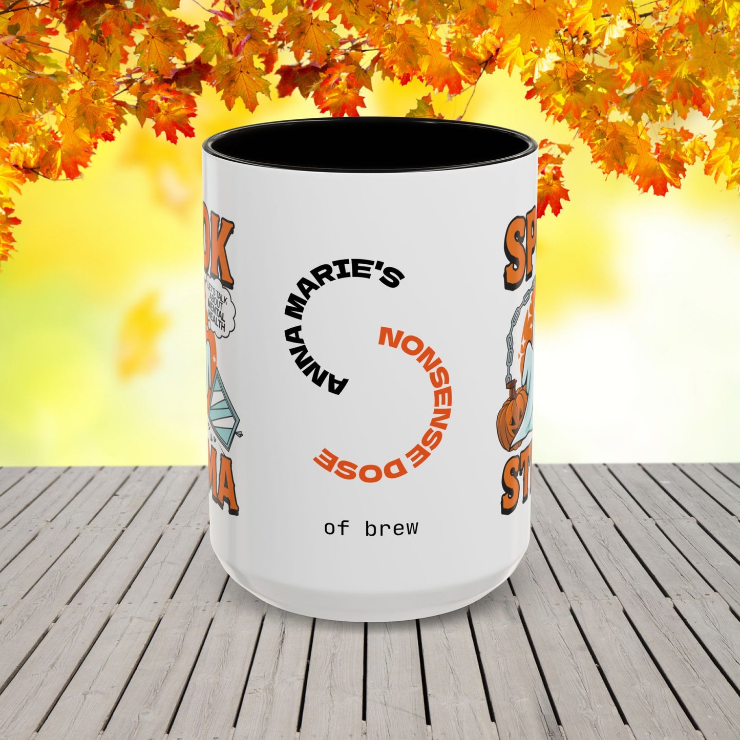 Bold Halloween mug with “Spook the Stigma” message, great for mental health awareness and fighting stigma