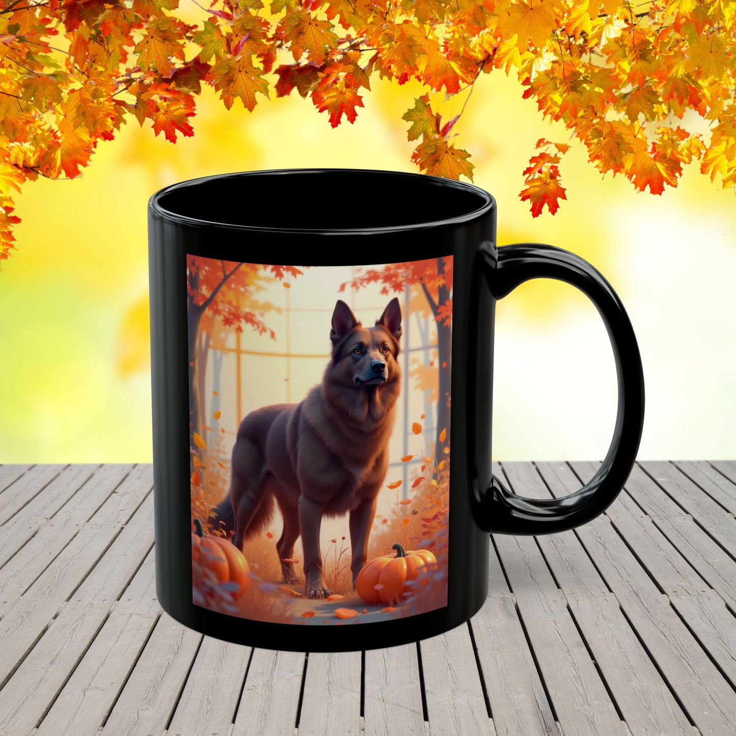German Shepherd Liver - Autumn personalized mug, custom dog lover coffee cup for GSD enthusiasts