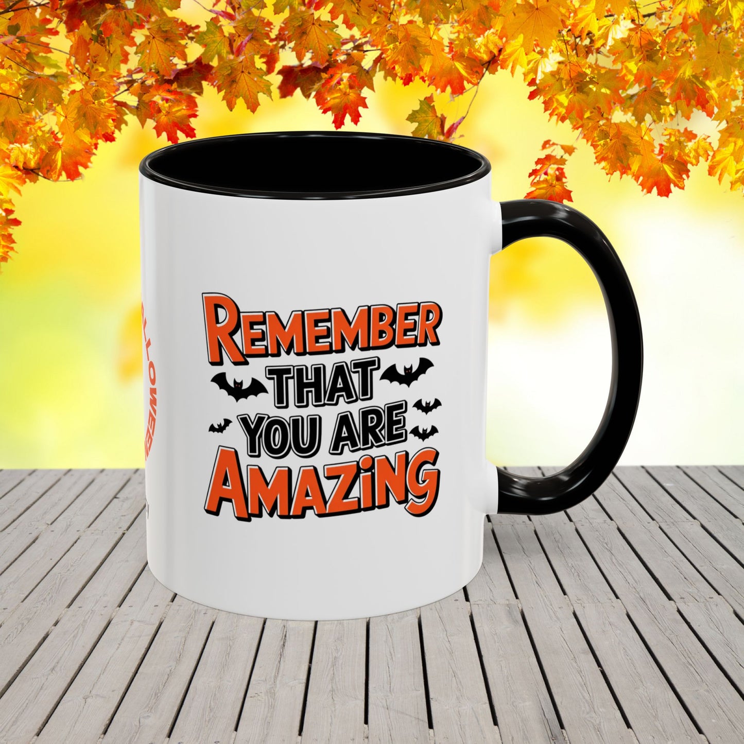 Halloween mental health mug with “You Are Amazing” quote, personalized with name, inspiring self-esteem gift.
