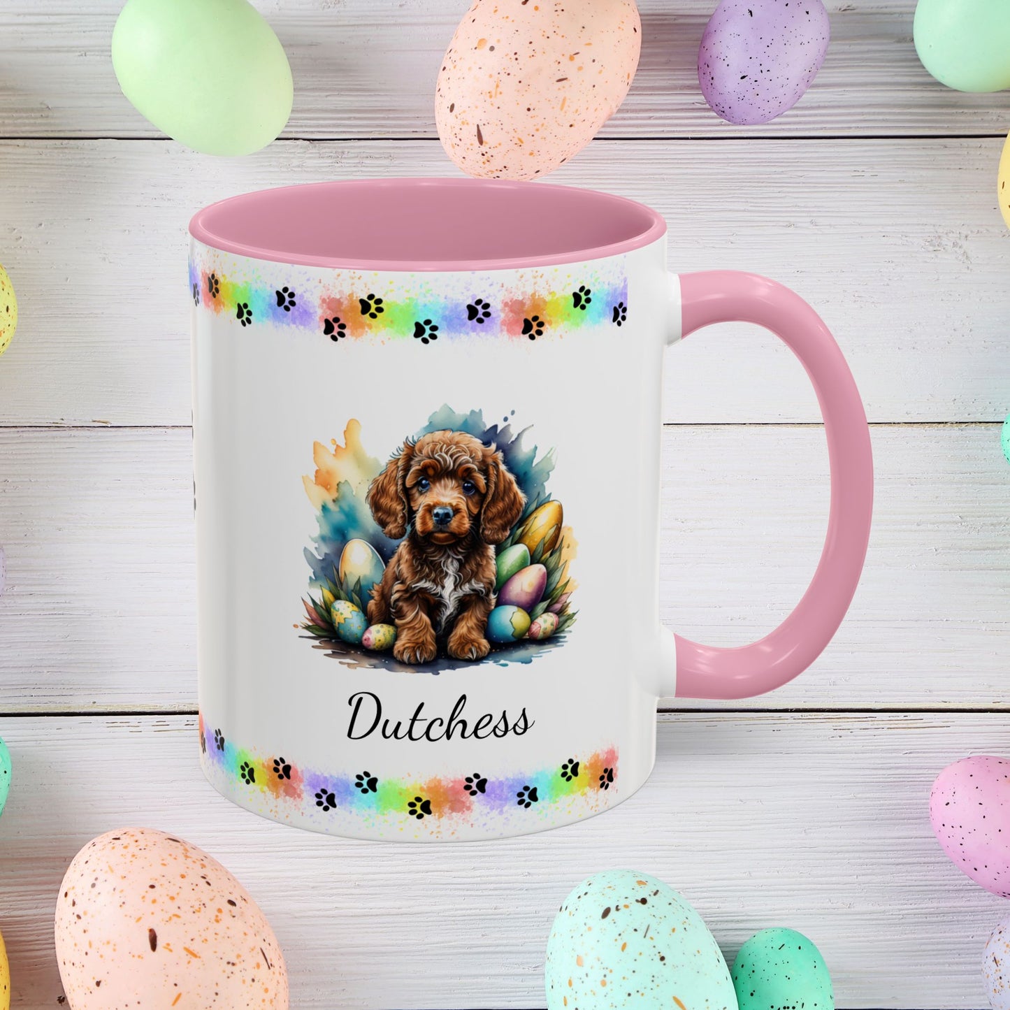Cute brown Poodle Easter puppy coffee mug personalized dog lover gift, ideal for self-care and relaxation this Easter.