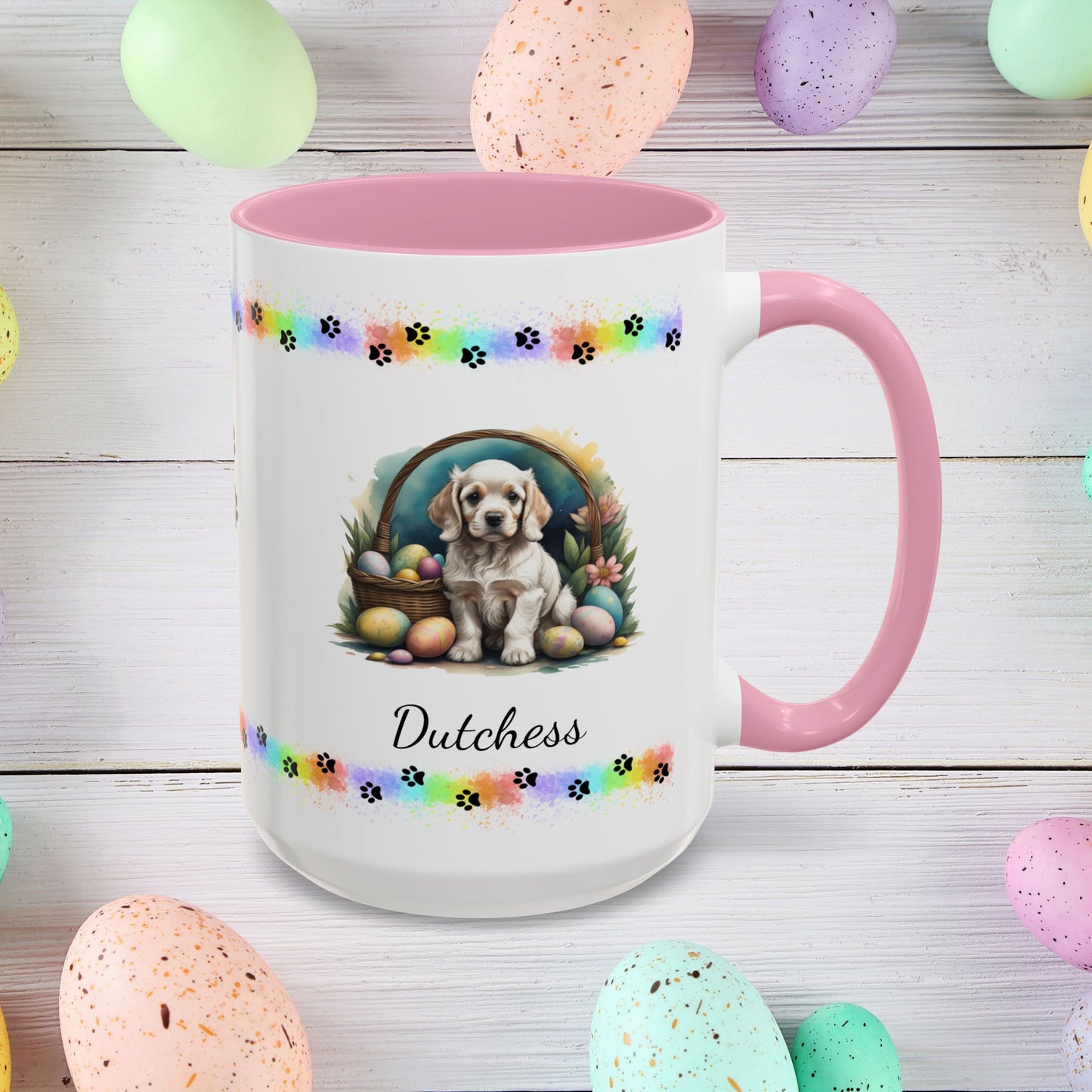 Cocker Spaniel Light Gold personalized Easter puppy mug, cute dog coffee cup gift for mental health awareness