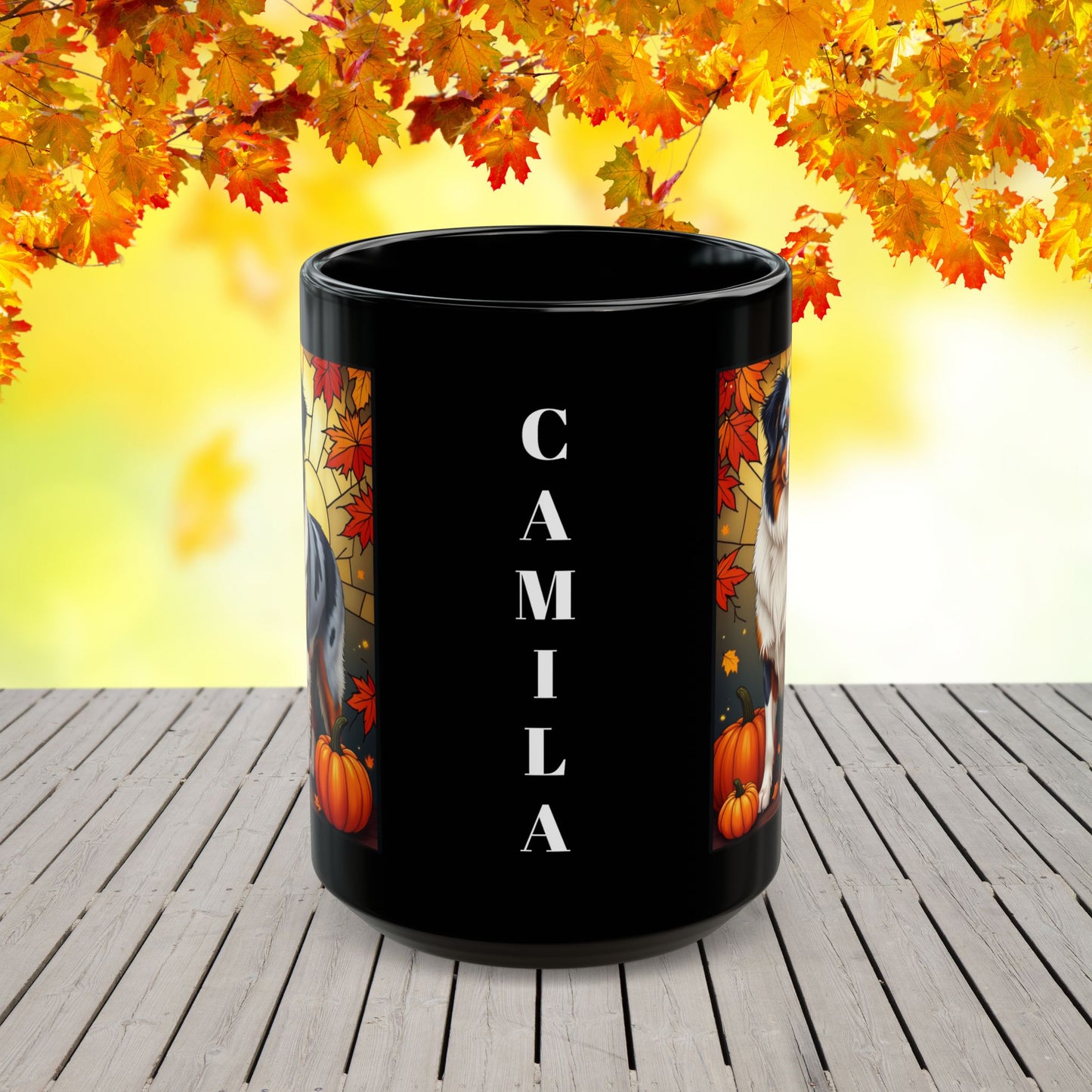 Australian Shepherd Blue Merle - Autumn black mug, personalized Aussie dog coffee cup for pet lovers