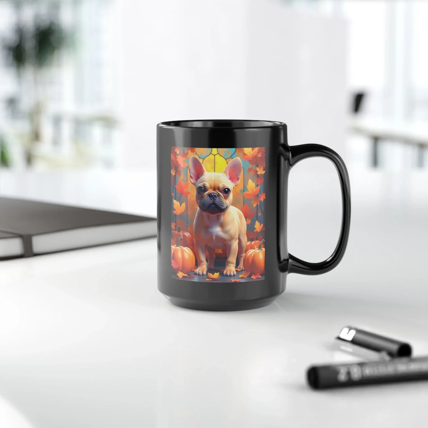 Shop our premium fawn french bulldog autumn black mug from MySisterIsASurvivor.