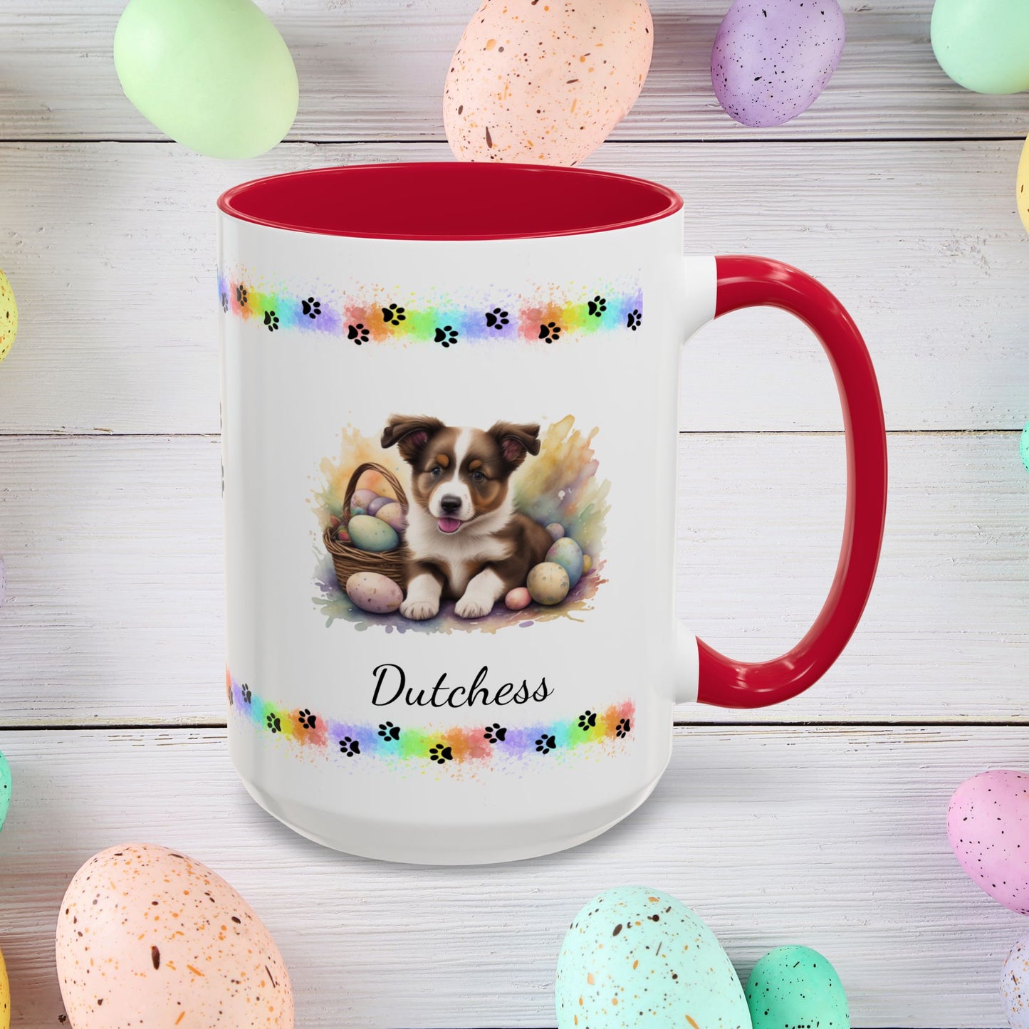 Border Collie Brown & White personalized Easter puppy mug, cute dog coffee cup, mental health awareness gift