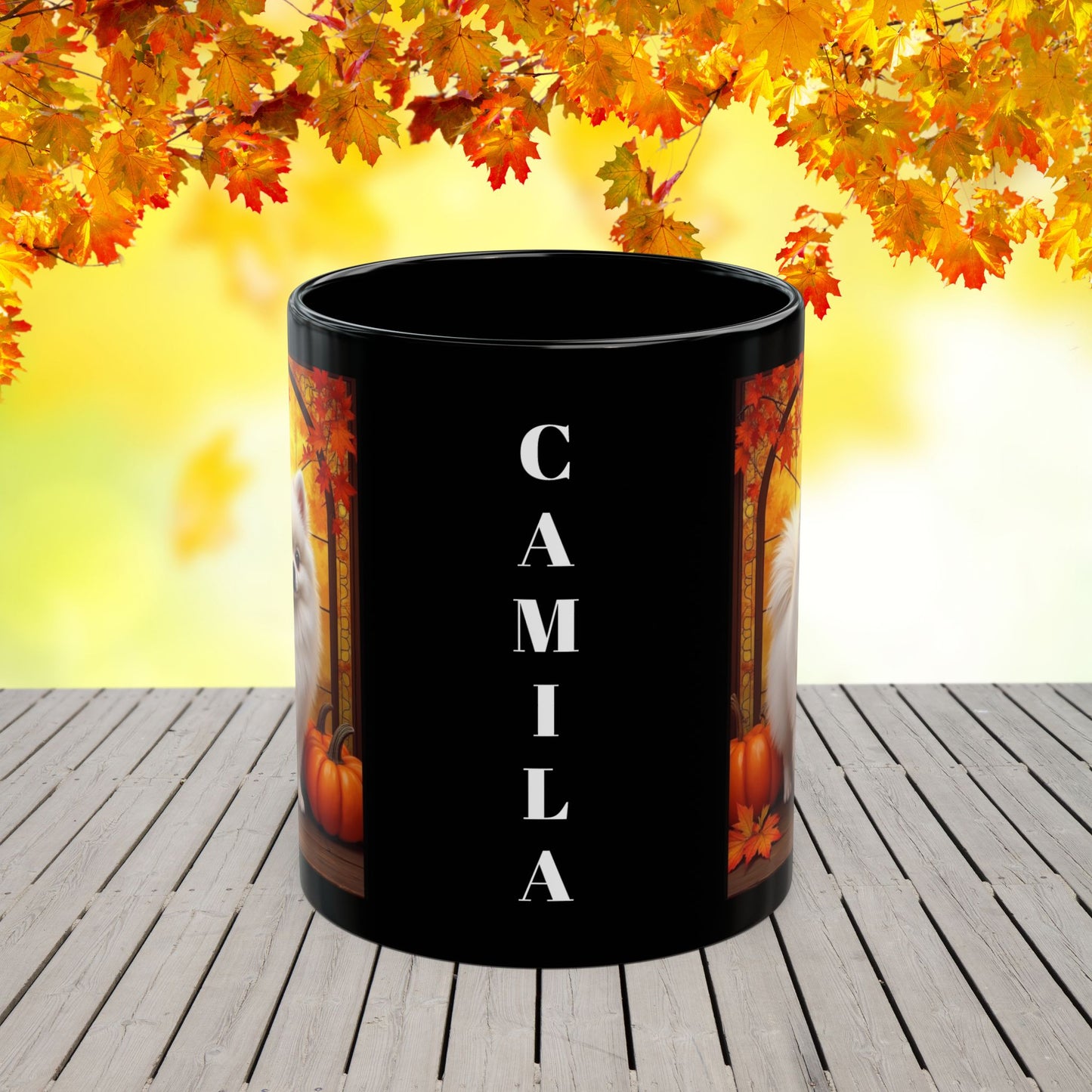 White Pomeranian personalized fall coffee mug, custom dog lover gift for cozy autumn drinks