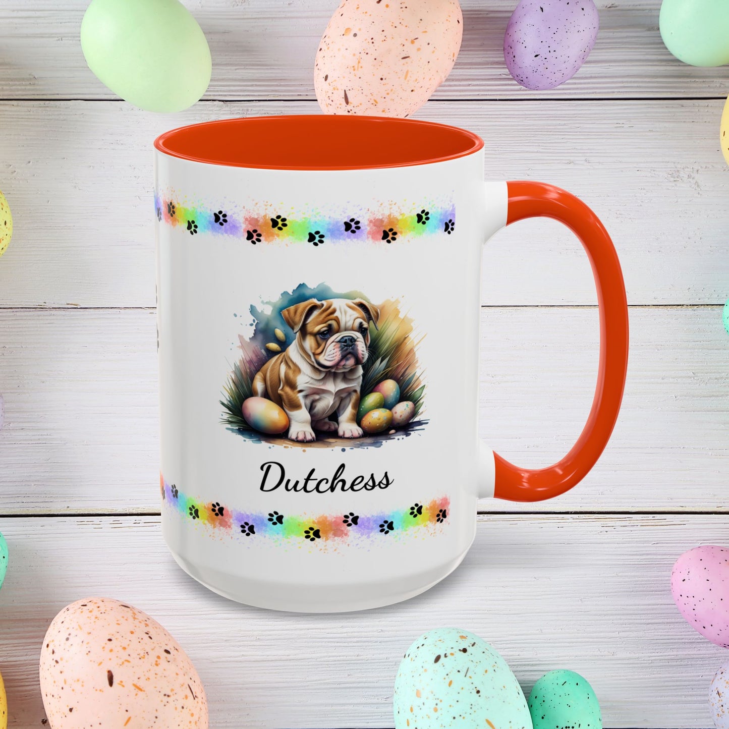 Bulldog Easter puppy coffee mug, personalized cute dog gift for mental health support and cozy mornings