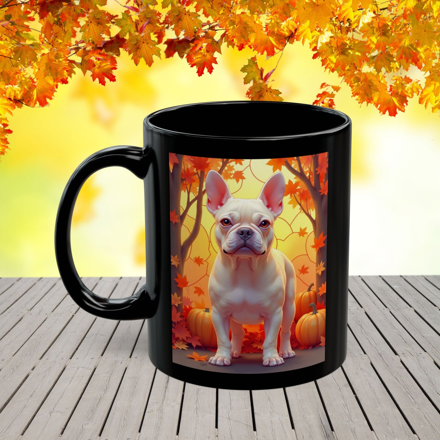 Cream French Bulldog Autumn Black Mug - Cozy fall Frenchie dog breed coffee mug