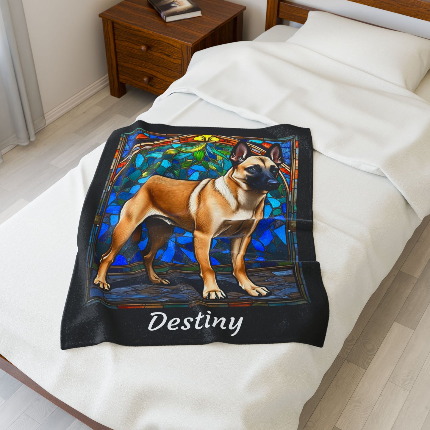 Belgian Malinois cream sable velveteen blanket, custom dog throw, personalized stained glass gift - MySisterIsASurvivor