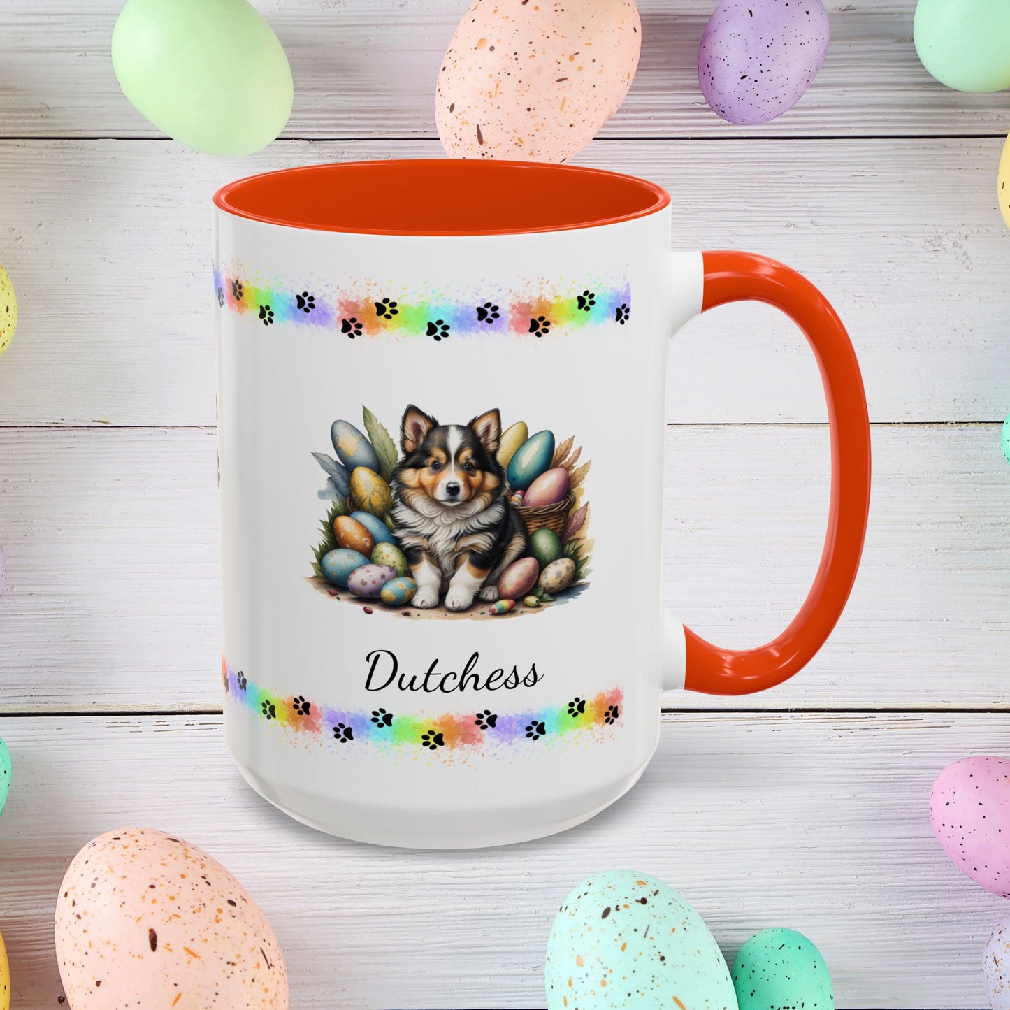 Shetland Sheepdog Easter puppy coffee mug personalized cute dog design, great for mindful mornings and Easter décor.