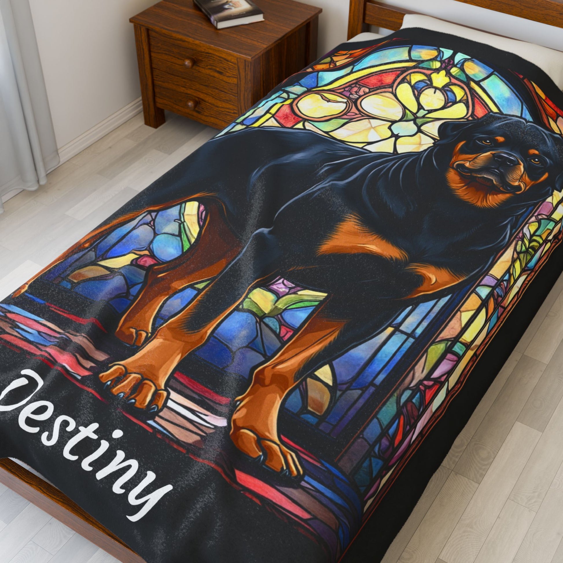 Rottweiler Black & Tan Coat Blanket, Velveteen Plush Stained Glass Dog Throw, Unique Gift for Humans