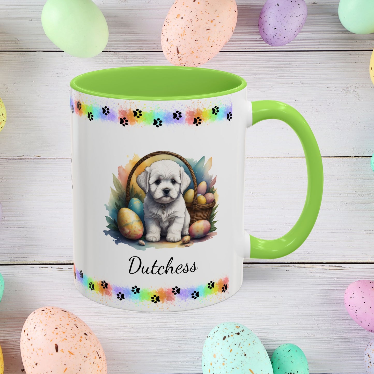Bichon Frise personalized Easter puppy mug, cute dog coffee cup gift for mental health awareness and comfort