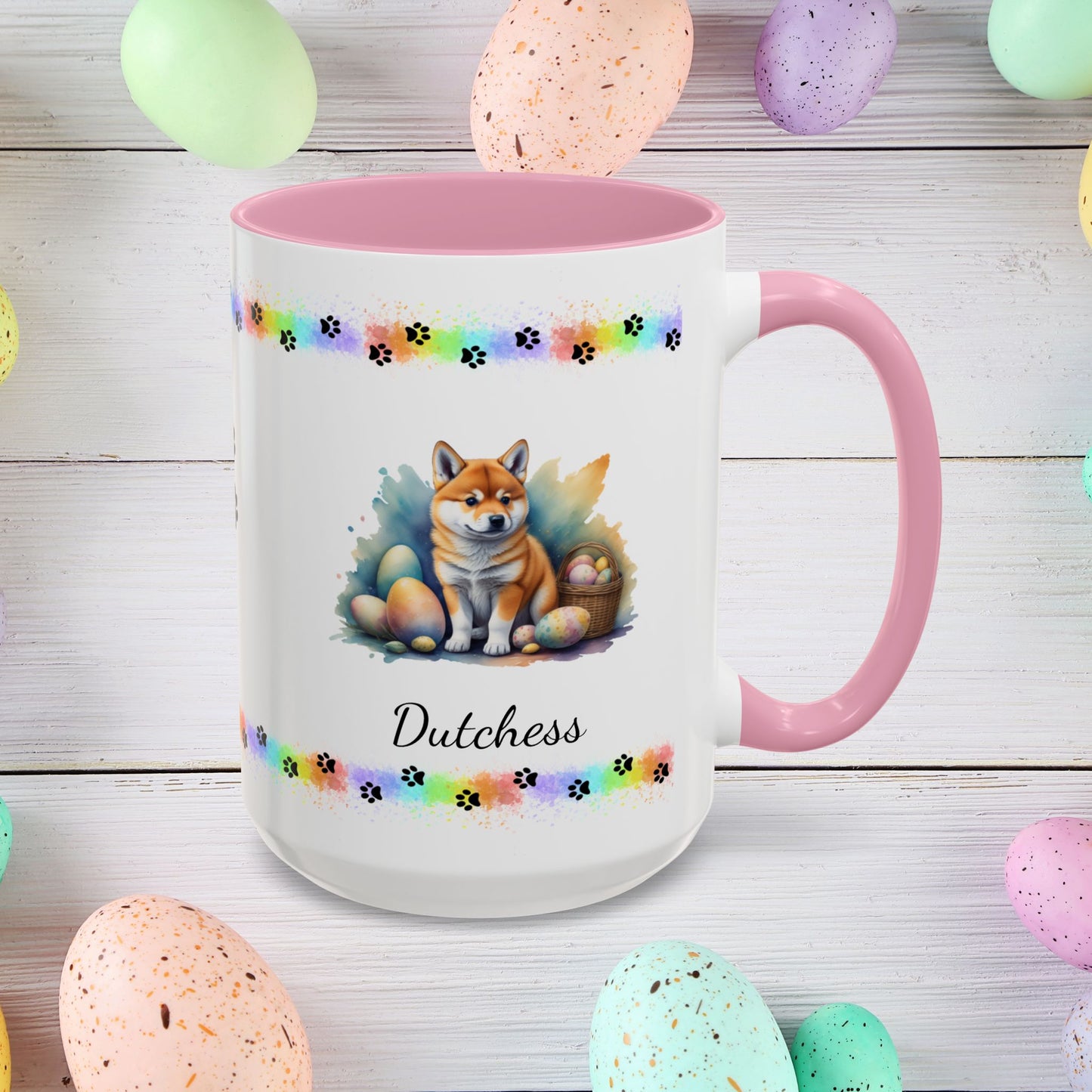 Shiba Inu Easter puppy coffee mug personalized for dog lovers, perfect for mental health support and Easter happiness.
