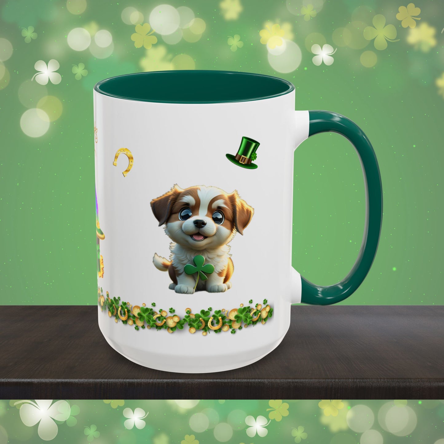 Clover Cuddles Canine: St. Patrick's Day Two-Tone Coffee Mug - Festive Ceramic Mug for Positivity & Mindfulness