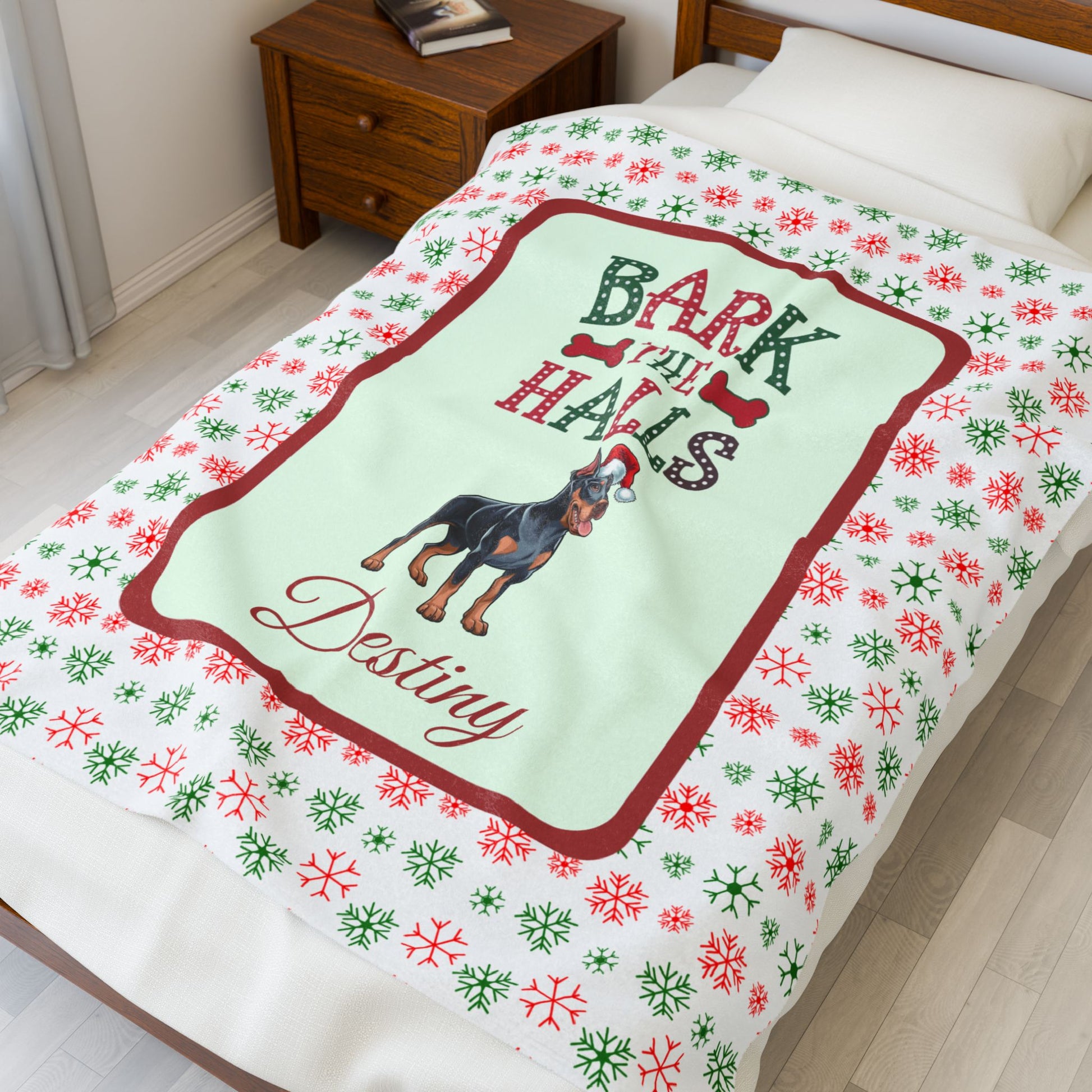 Doberman Pinscher Blue and Rust custom velveteen dog blanket Bark The Halls festive Christmas throw for pet lovers