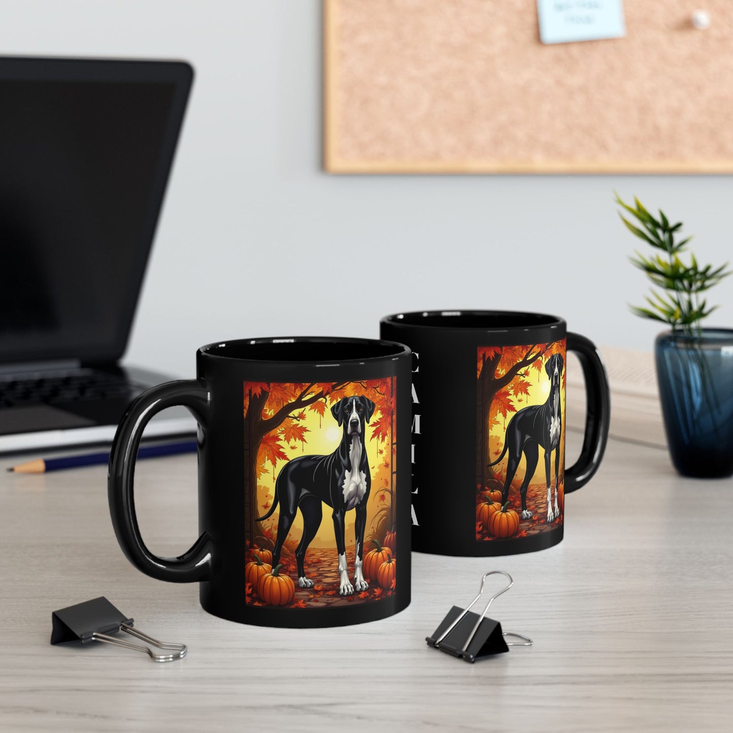Great Dane Mantle - Autumn black mug, fall coffee cup for dog moms and seasonal Great Dane gift