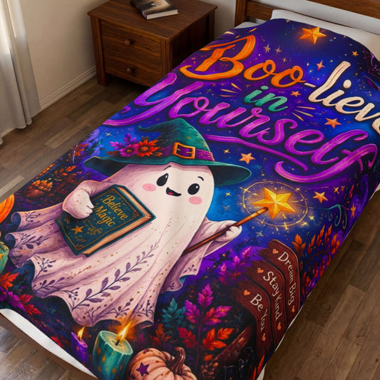 Boo-lieve in Yourself Velveteen Blanket - Ghost with Star Wand and Believe in Magic Book Dream Big Sign