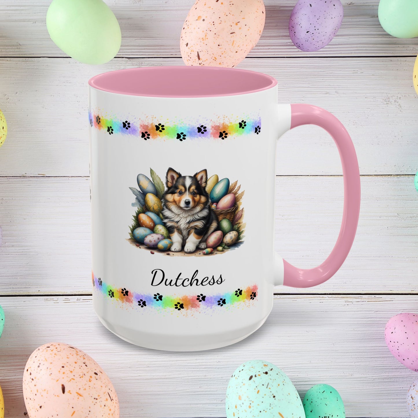 Shetland Sheepdog Easter puppy coffee mug personalized cute dog design, great for mindful mornings and Easter décor.