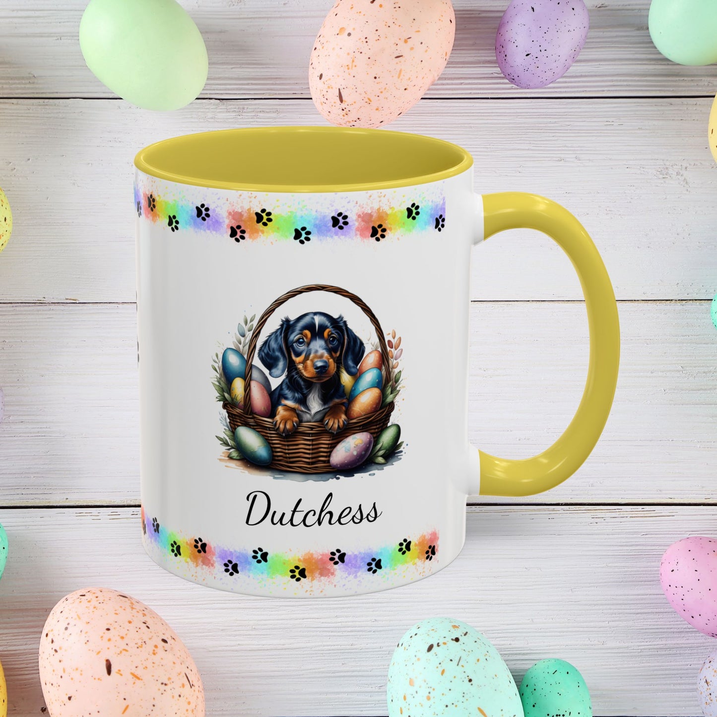 Dachshund personalized Easter puppy mug, cute dog coffee cup gift for mental health awareness and dog lovers
