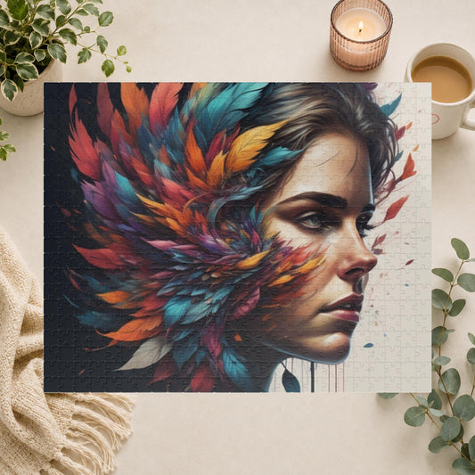 Resilience Palette - Woman's Portrait Puzzle with Colorful Feathers Exploding from Dark Background