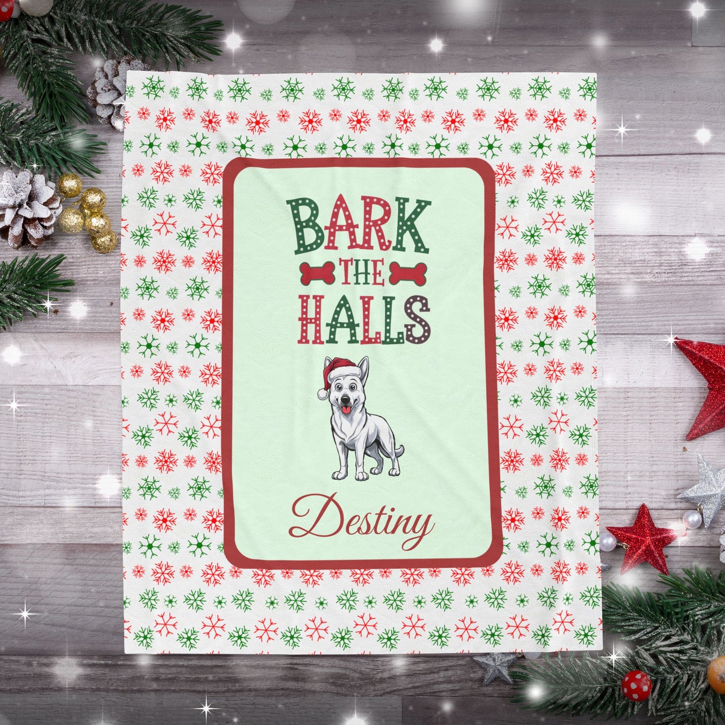 German Shepherd White personalized velveteen dog blanket Bark The Halls festive holiday throw