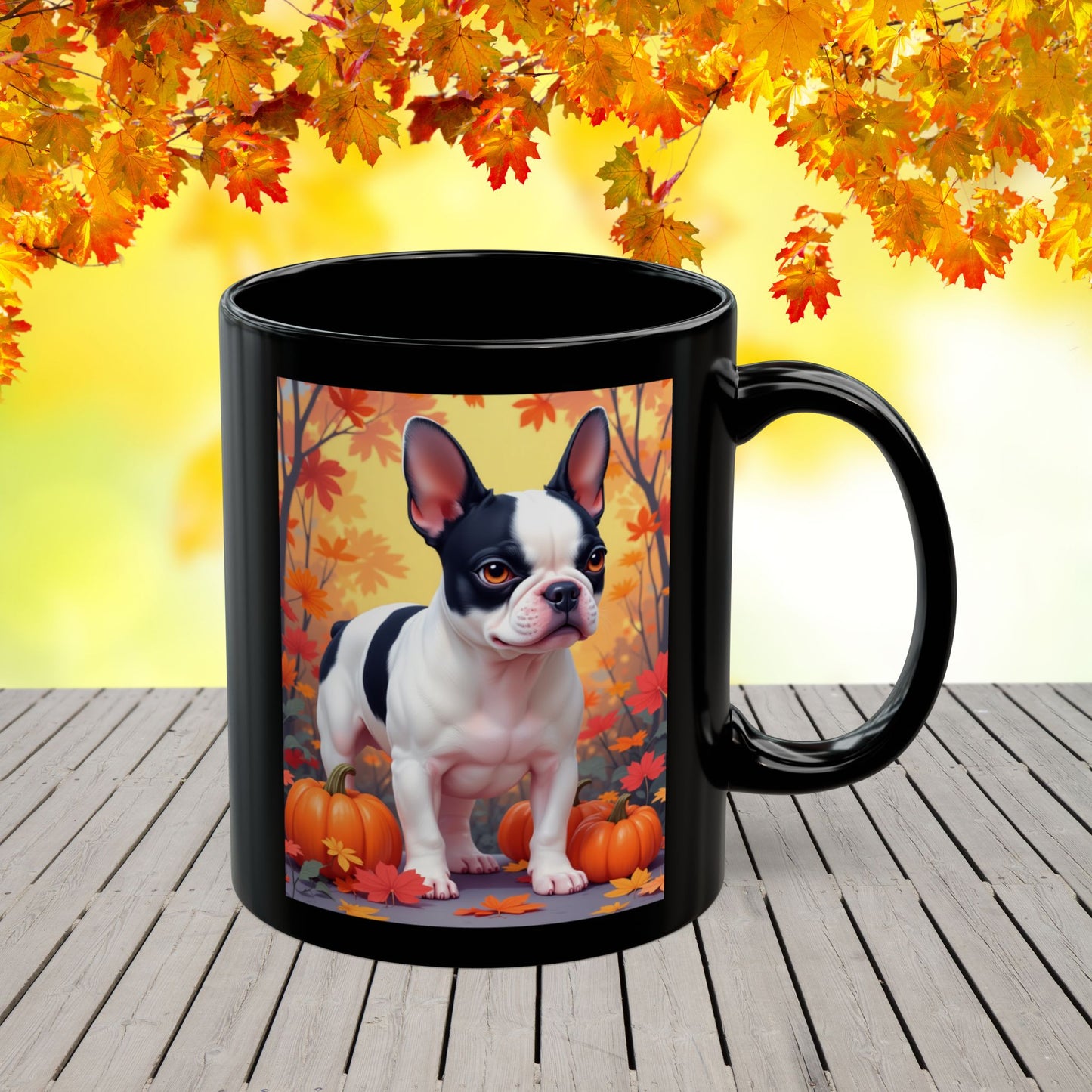 French Bulldog Black Pied - Autumn coffee mug, cozy seasonal dog lover gift for Frenchie parents