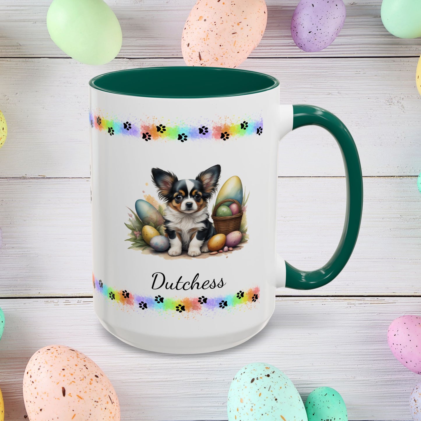 Papillon White, Black & Tan Easter puppy coffee mug, personalized cute dog coffee cup gift for mental health support
