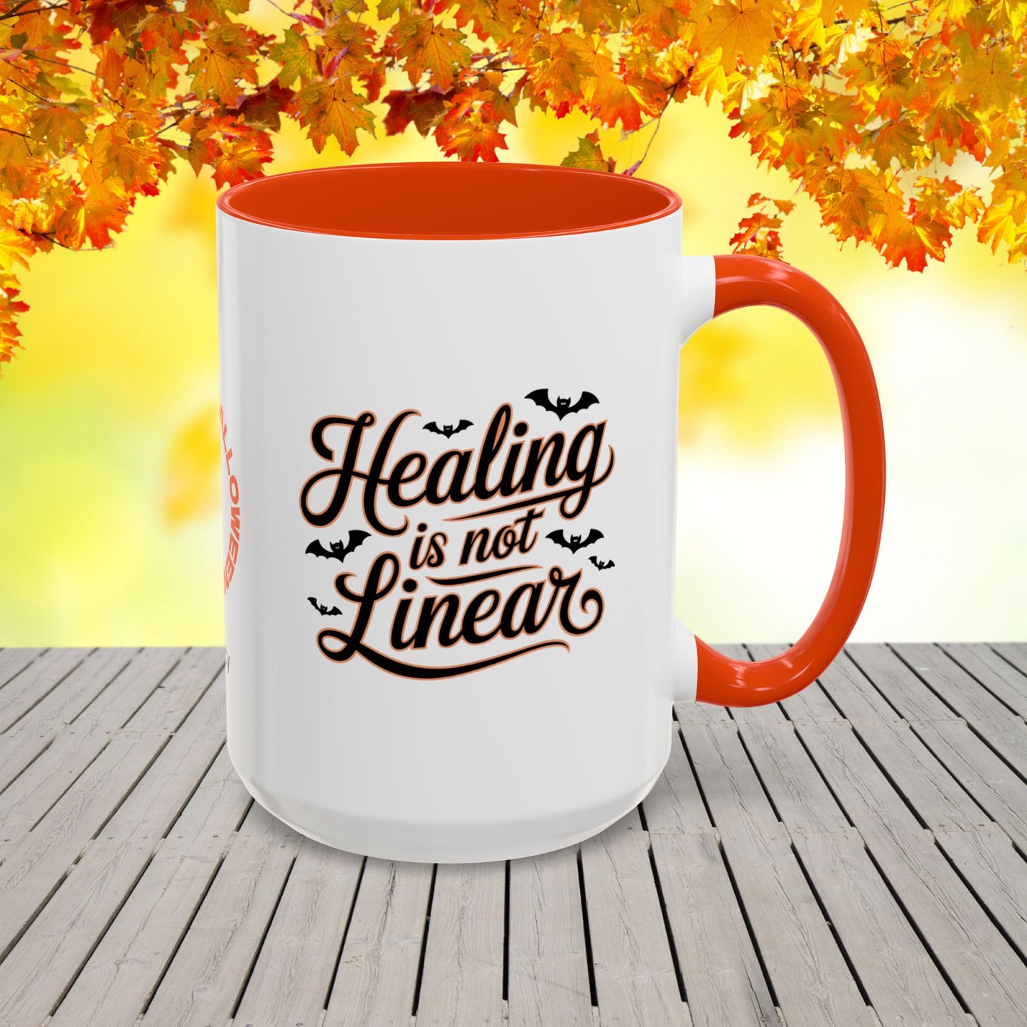 Personalized Halloween self-care mug with “Healing Is Not Linear” quote, mental health awareness gift with custom name.