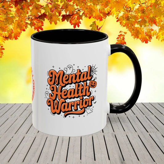 Shop our mental health warrior halloween affirmation mug featuring the 11oz style option from MySisterIsASurvivor.