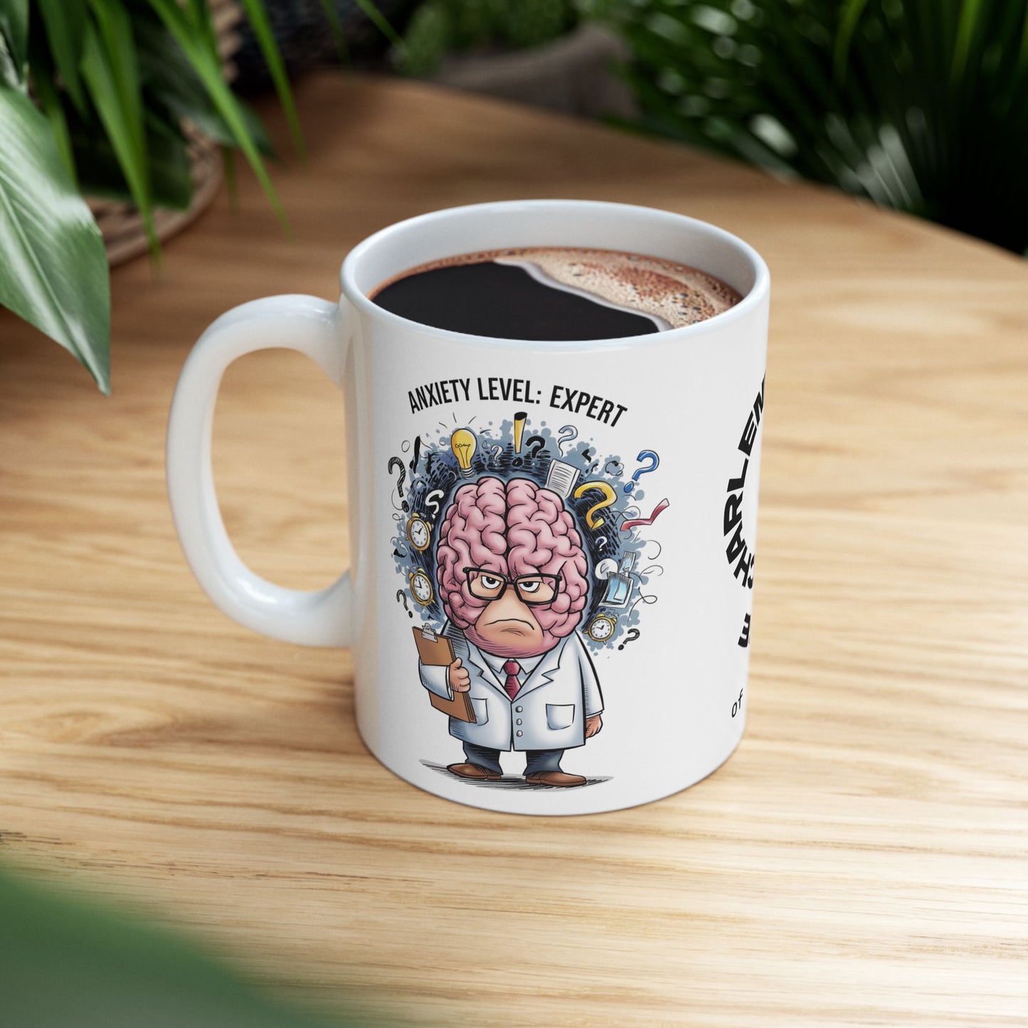 Personalized "Anxiety Level: Expert" funny mental health mug with affirmations for anxiety and mental health support.