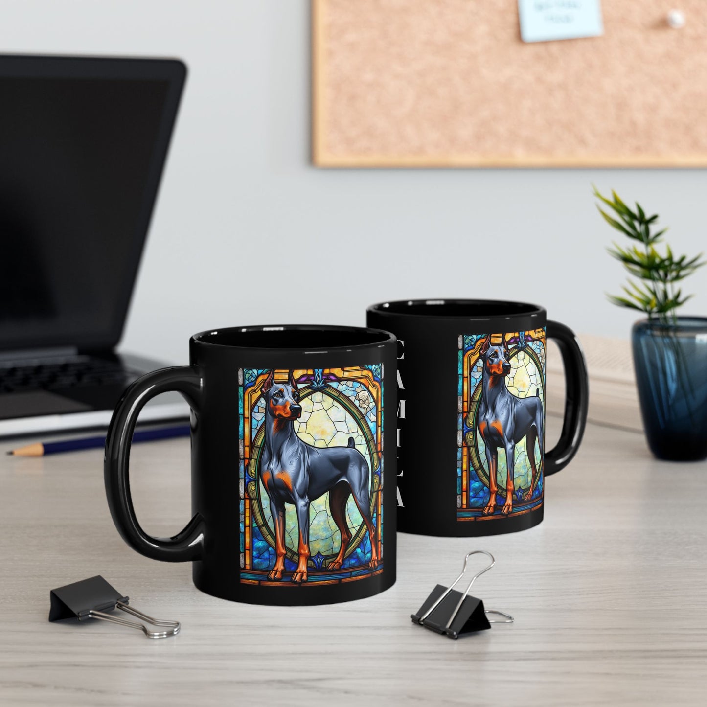 Doberman blue and rust personalized mug, stained glass coffee cup for dog lovers and pet parents