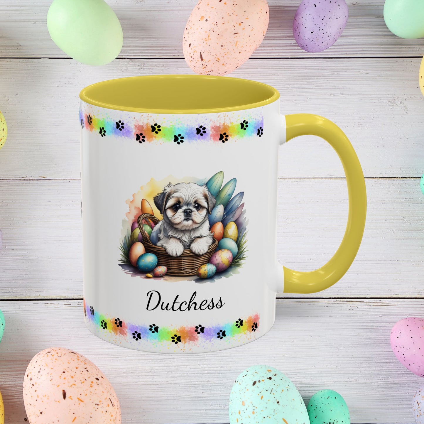 Silver and white Shih Tzu Easter puppy coffee mug, adorable personalized dog gift for comfort, hope, and self-care.