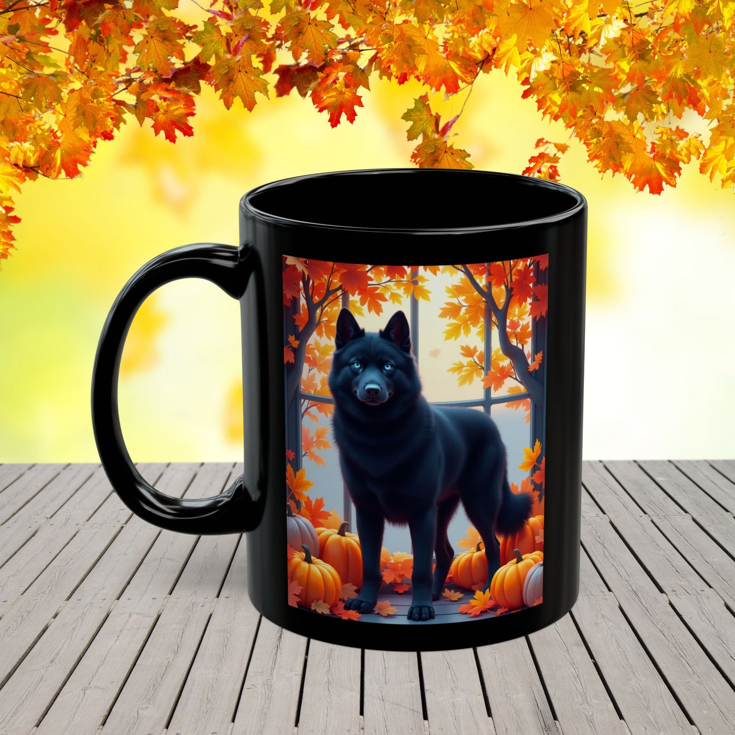 Black Siberian Husky (Blue Eyes) fall mug, custom coffee cup for Husky owners and pet parents