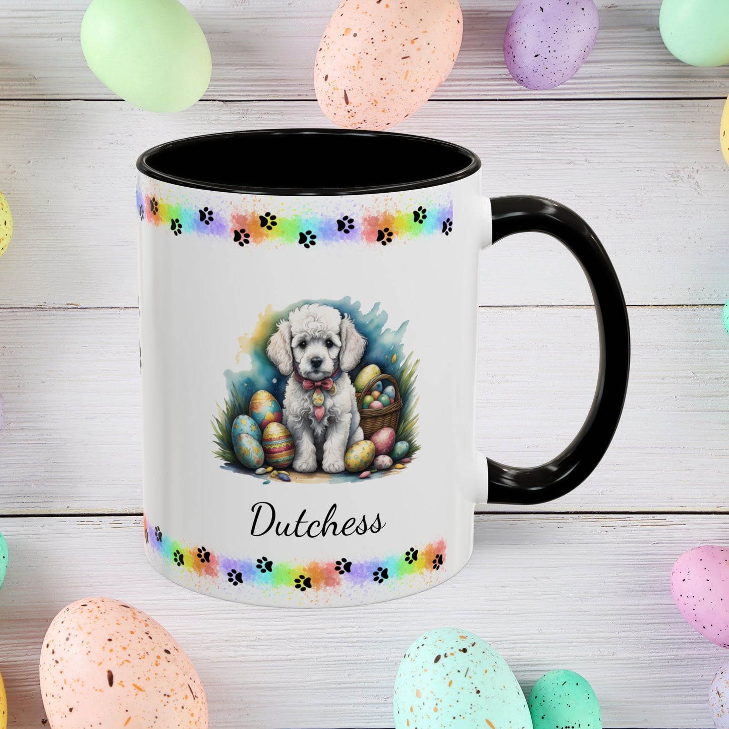 White Poodle Easter puppy coffee mug with custom dog design, perfect Easter gift for pet owners and mental wellness support.