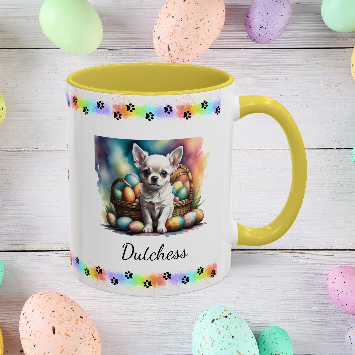 Chihuahua White personalized Easter puppy mug, cute dog coffee cup, mental health awareness gift for dog lovers