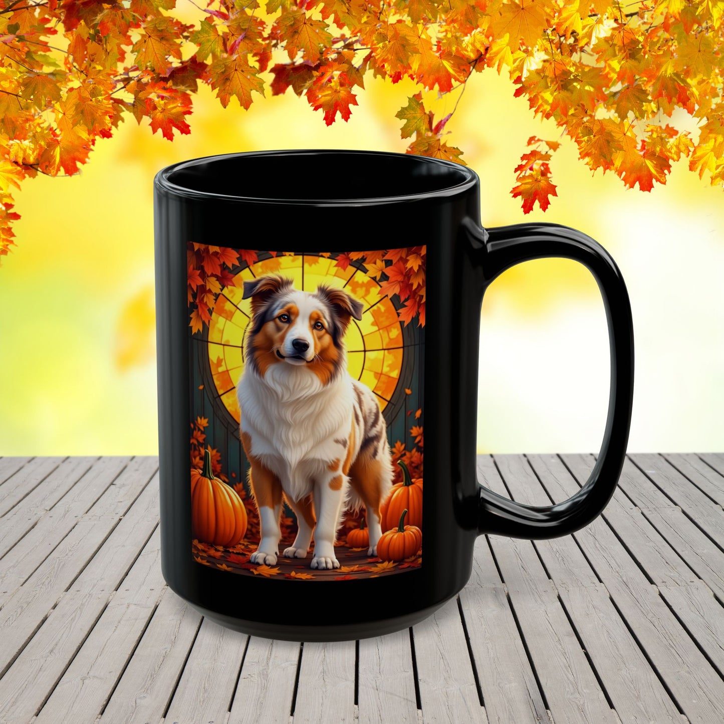 Australian Shepherd Red Merle - Autumn mug, personalized herding dog coffee cup for Aussie enthusiasts