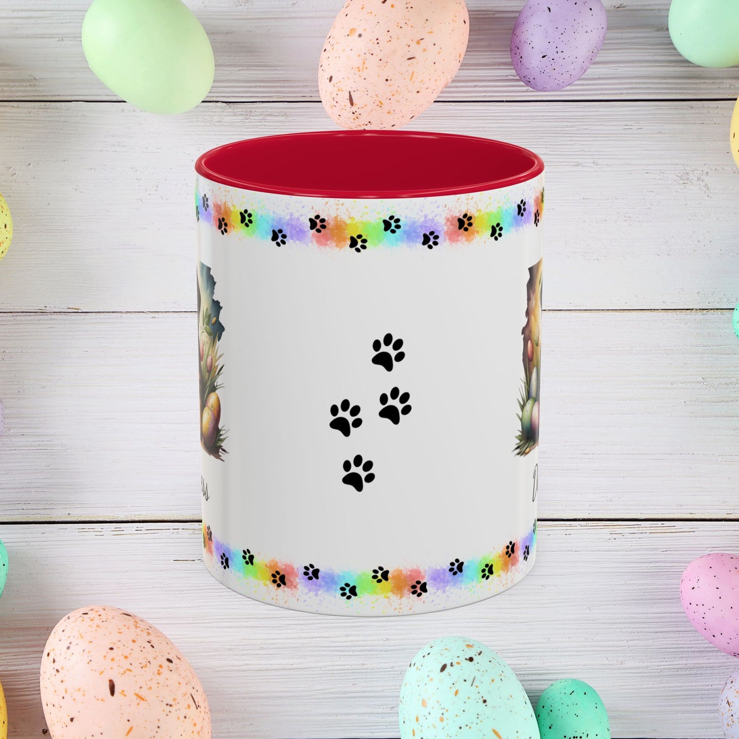 Rottweiler Easter puppy coffee mug personalized dog design, thoughtful gift for self-care and mental health awareness.