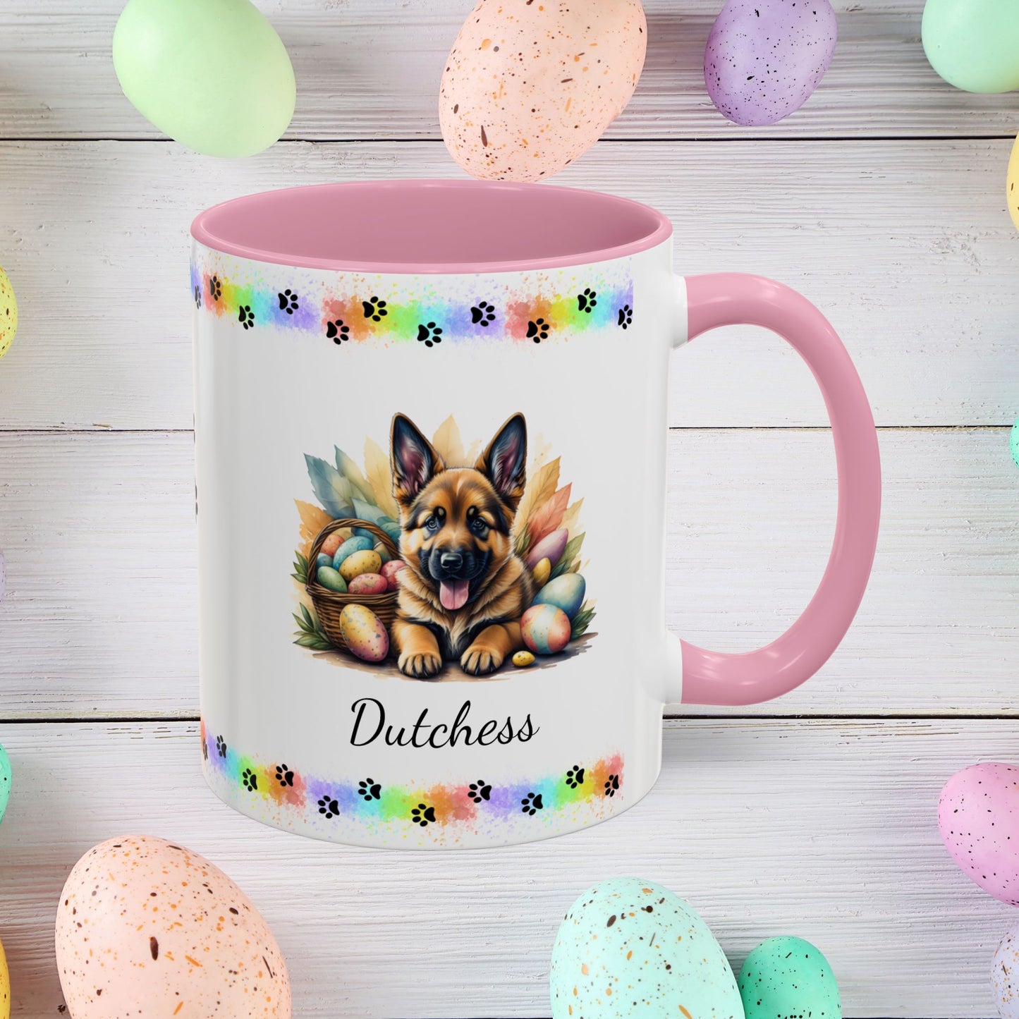 German Shepherd Saddle Easter puppy coffee mug, personalized cute dog coffee cup gift for mental health support
