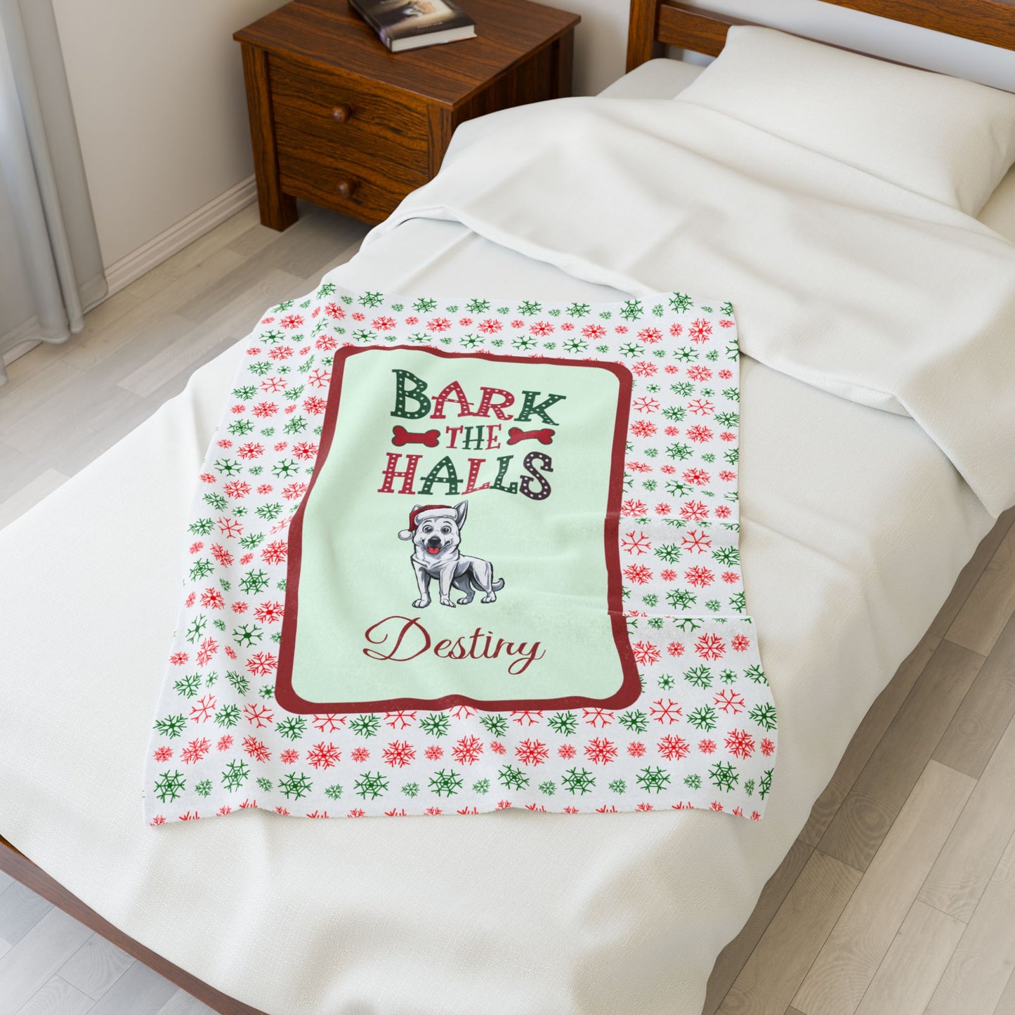 German Shepherd White personalized velveteen dog blanket Bark The Halls festive holiday throw