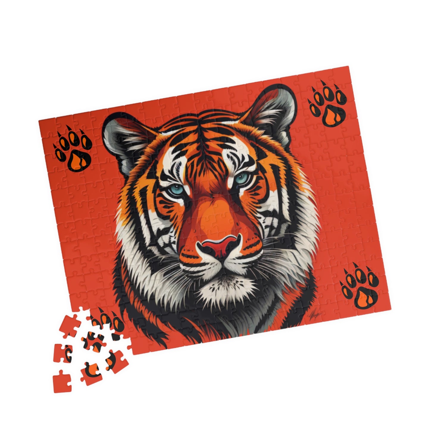 Tiger in motion with strong body language, featured on a puzzle celebrating personal power and resilience