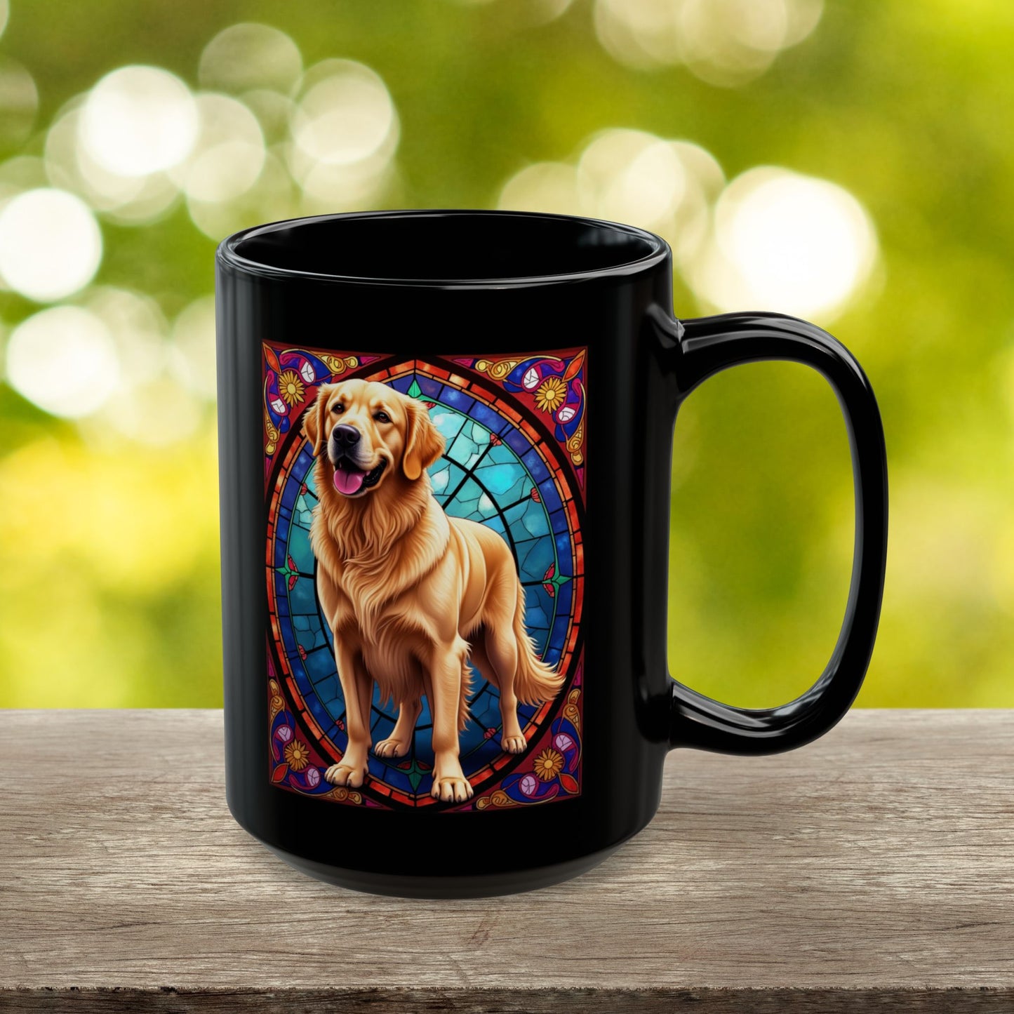Classic Golden Retriever stained glass style coffee mug, customizable with dog name, perfect gift for pet parents