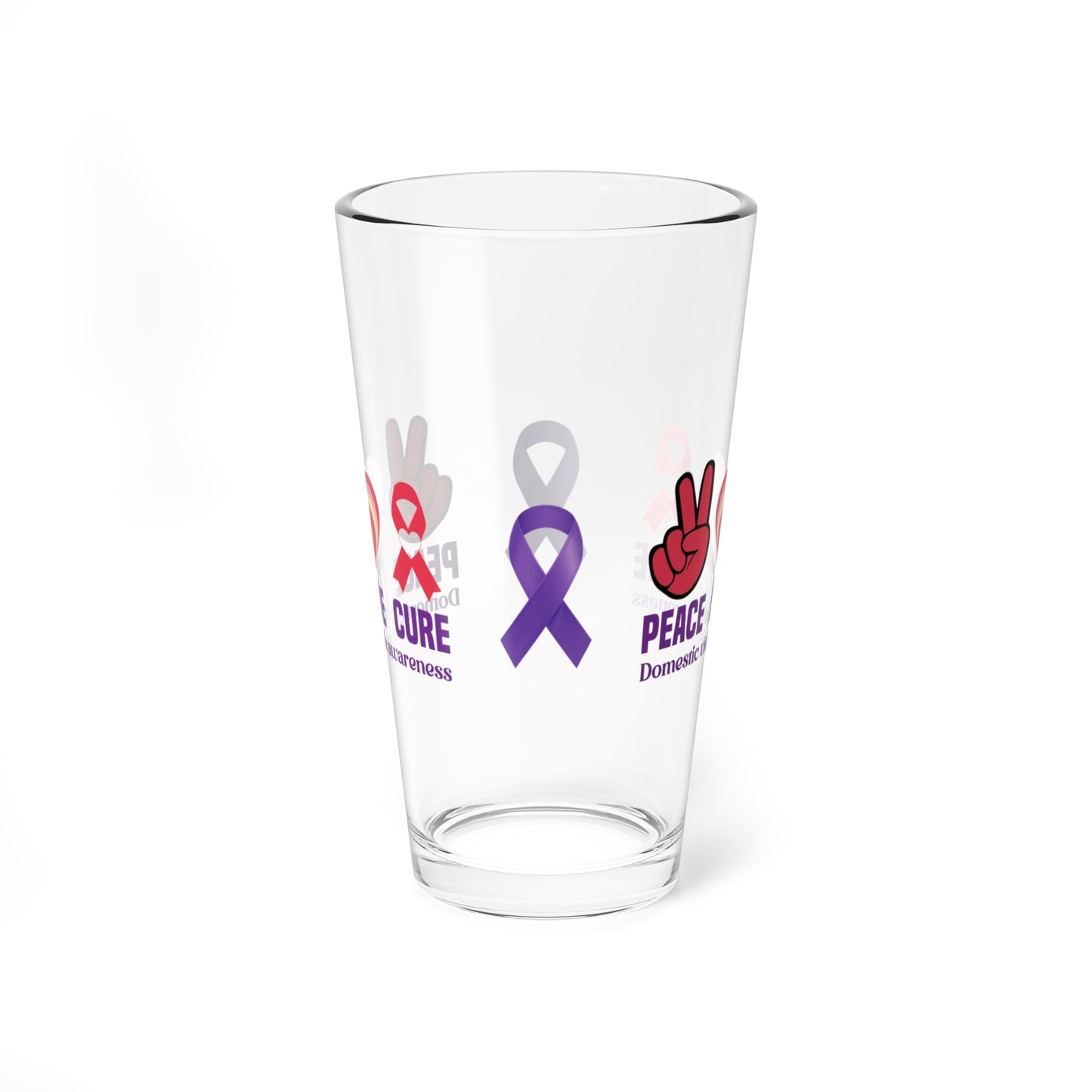Peace Love Cure Domestic Violence Awareness pint glass with heart and ribbon