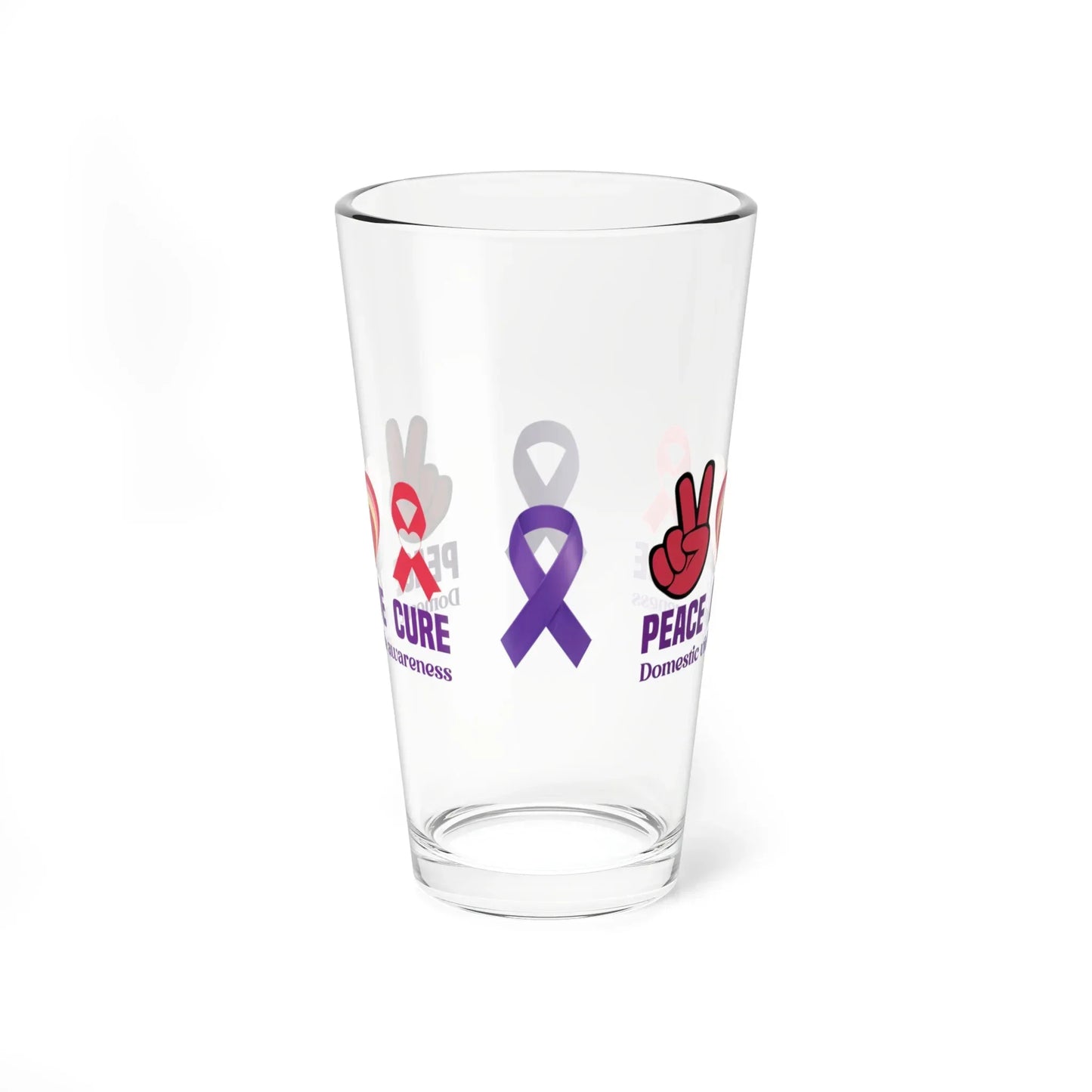 Shop our premium peace love cure domestic violence awareness pint glass 16oz from MySisterIsASurvivor.