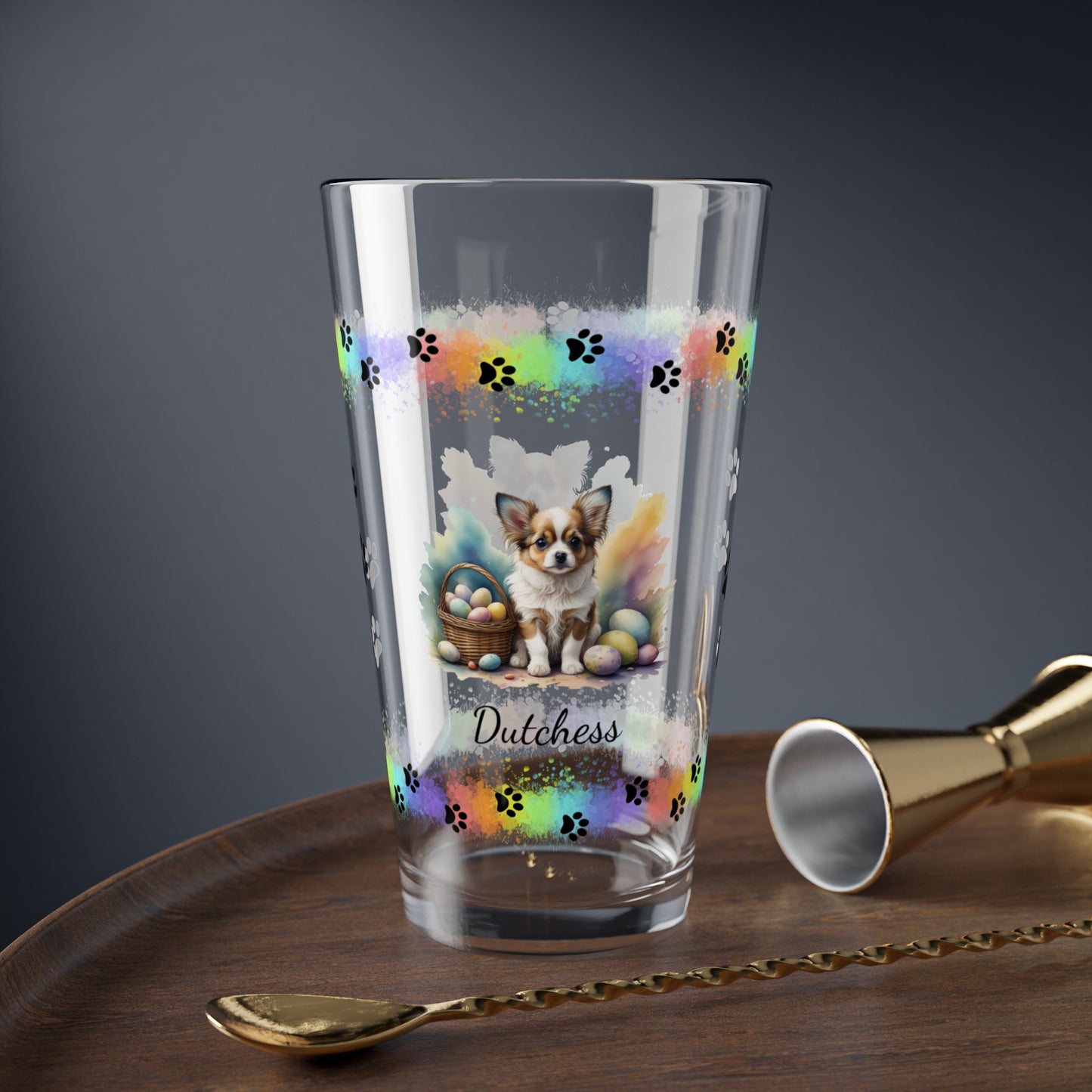 Papillon (White & Brown) Personalized Easter Puppy 16oz Pint Glass - Custom Dog Design, Mental Health Gift, Easter Décor, and Festive Celebrations