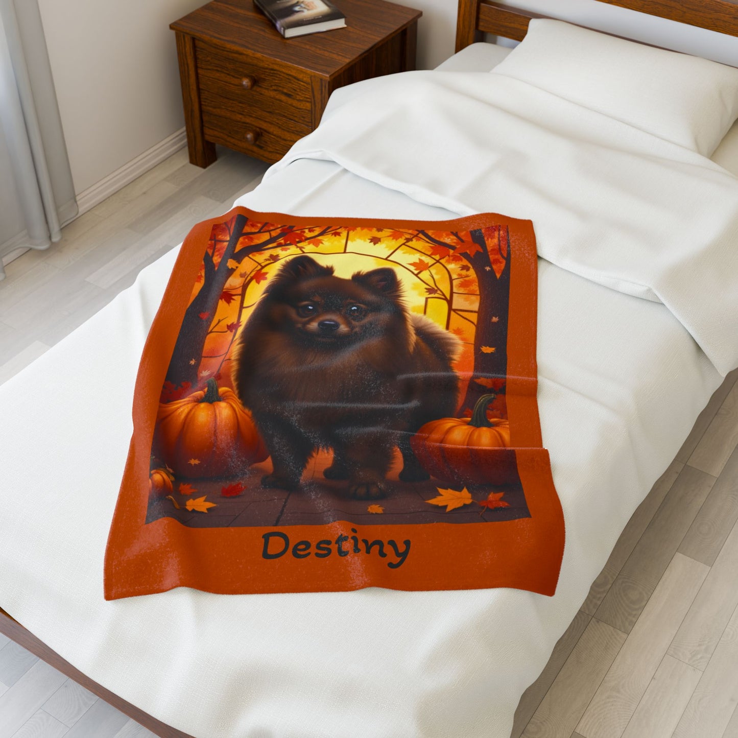 Chocolate Pomeranian velveteen plush blanket, soft throw for dog lovers, cozy home accent blanket gift idea