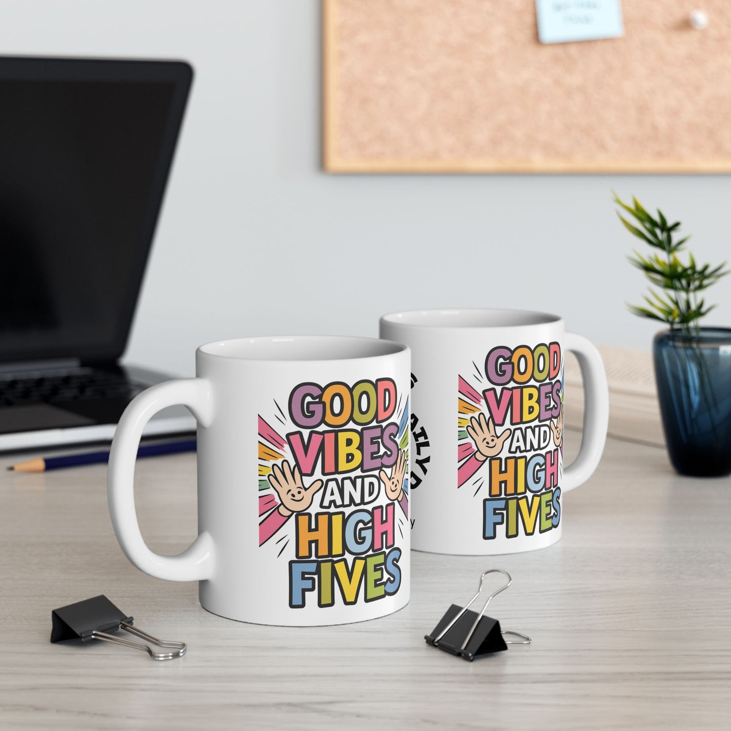"Good Vibes And High Fives" funny mental health mug, personalized ceramic cup with anxiety relief and positive affirmations.